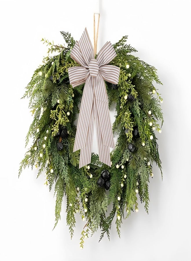 Meseey Large 24 x 10 Inch Natural Burlap White Rustic Ribbon Bow Farmhouse White Striped Wreath Bows for Christmas Door Wreath Home Decorations Tree Topper Party (White Striped) (PBCDBo23040022) - Image 3